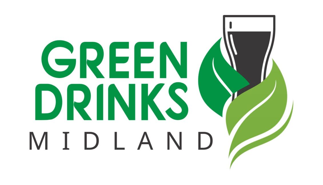 Green Drinks Midland in text, with leaves around a beer glass