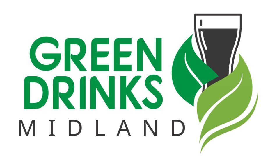 Green Drinks Midland in text, with leaves around a beer glass