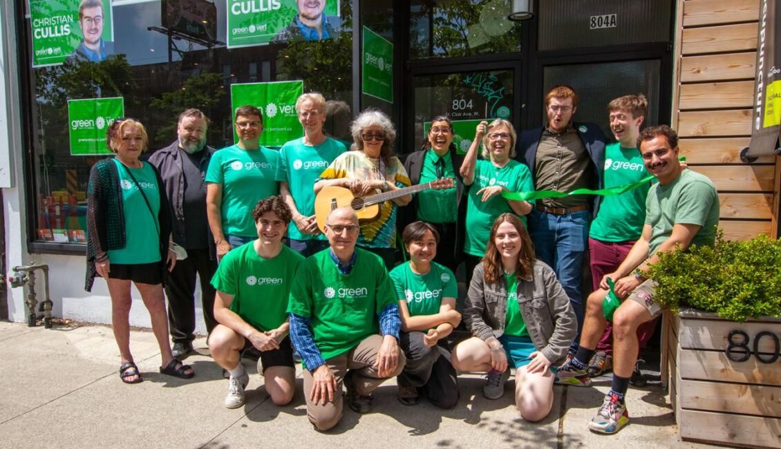 Christian Cullis with Elizabeth May and volunteers in front of his campaign office