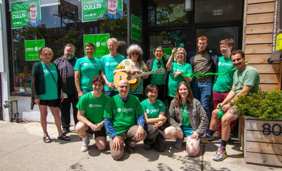 Christian Cullis with Elizabeth May and volunteers in front of his campaign office