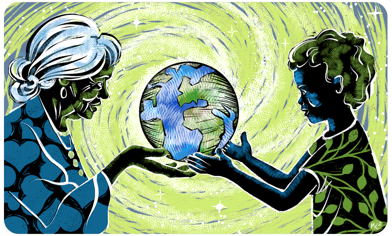 Drawing of an old woman and a child holding the Earth between them